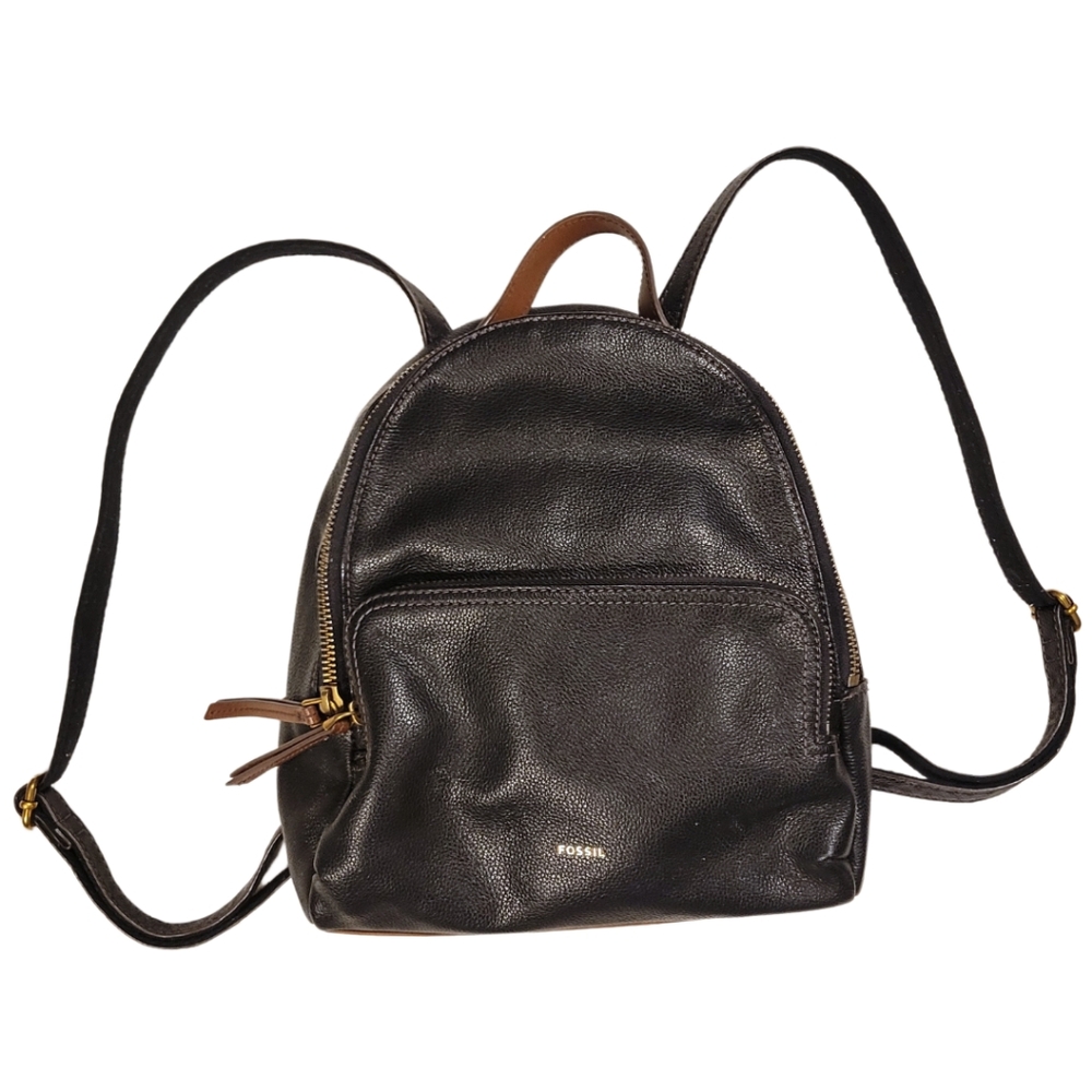 Fossil Black Leather Mini Backpack with Brown Trim